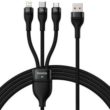   USB töltő- és adatkábel 3in1, USB Type-C, Lightning, microUSB, 120 cm, 3500 mAh, 100 W, törésgátlóval, gyorstöltés, cipőfűző minta, Baseus Flash Series 2, CASS030001, fekete