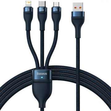   USB töltő- és adatkábel 3in1, USB Type-C, Lightning, microUSB, 120 cm, 3500 mAh, 100 W, törésgátlóval, gyorstöltés, cipőfűző minta, Baseus Flash Series 2, CASS030003, sötétkék