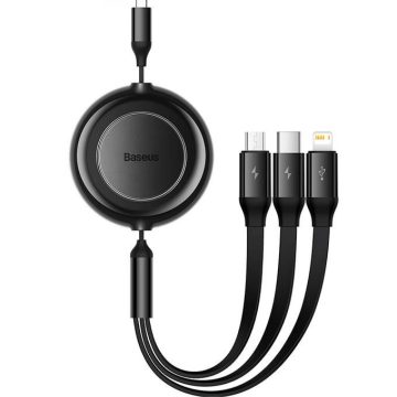   USB töltő- és adatkábel 3in1, USB Type-C, Lightning, microUSB, 110 cm, 3500 mA, gyorstöltés, lapos, feltekerhető, Baseus Bright Mirror 2, CAMJ010001, fekete