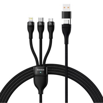   USB / USB Type-C töltő- és adatkábel 3in1, USB Type-C, Lightning, microUSB, 120 cm, 100W, törésgátlóval, gyorstöltés, PD, QC, cipőfűző minta, Baseus Flash Series 2, CASS030101, fekete