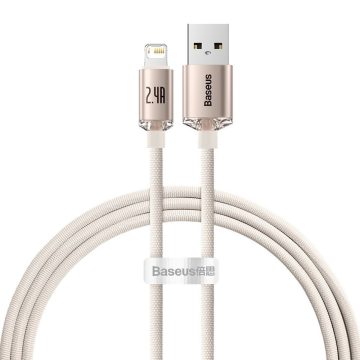   USB töltő- és adatkábel, Lightning, 120 cm, 2400 mA, gyorstöltés, PD, cipőfűző minta, Baseus Crystal Shine, CAJY001104, rózsaszín