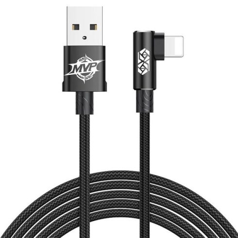 USB töltő- és adatkábel, Lightning, 100 cm, 2000 mA, gyorstöltés, 90 fokos/derékszögű, cipőfűző minta, Baseus MVP, CALMVP-01, fekete