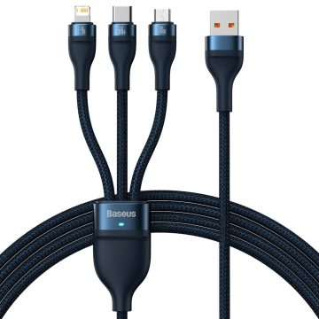   USB töltő- és adatkábel 3in1, USB Type-C, Lightning, microUSB, 120 cm, 6000 mAh, 66 W, törésgátlóval, gyorstöltés, cipőfűző minta, Baseus Flash Series 2, CASS040003, sötétkék