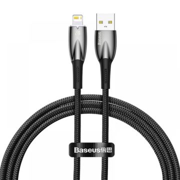   USB töltő- és adatkábel, Lightning, 100 cm, 2400 mA, törésgátlóval, gyorstöltés, Baseus Glimmer, CADH000201, fekete