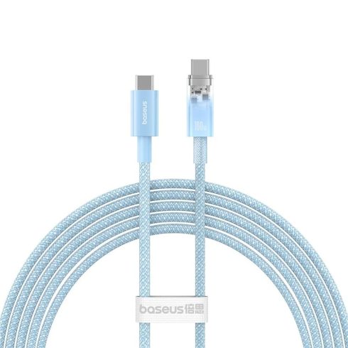 USB Type-C töltő- és adatkábel, USB Type-C, 200 cm, 6000 mA, 100W, gyorstöltés, PD, cipőfűző minta, Baseus Explorer, világoskék