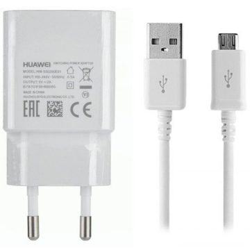   Hálózati töltő adapter, 5V / 1000 mAh, USB aljzat, microUSB kábellel, Huawei, fehér, gyári