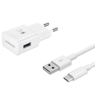   Hálózati töltő adapter, 5V / 1550 mAh, USB aljzat, USB Type-C kábellel, gyorstöltés, Samsung, gyári, fehér