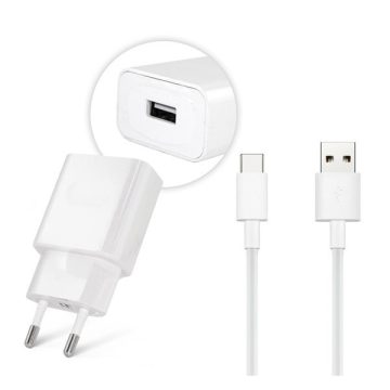   Hálózati töltő adapter, 5V / 2000 mAh, USB aljzat, USB Type-C kábellel, gyorstöltés, Huawei, fehér, gyári