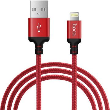   USB töltő- és adatkábel, Lightning, 100 cm, 2400 mA, törésgátlóval, gyorstöltés, cipőfűző minta, Hoco X14 Time Speed, piros