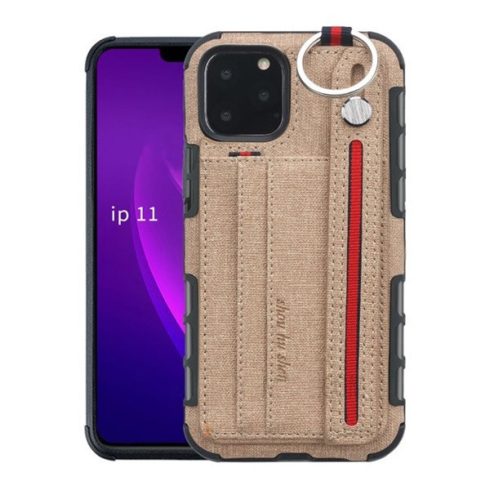 Apple iPhone 11 Pro Max, Szilikon tok, közepesen ütésálló, stand, textil hátlap, felakasztható, kézpánttal, világosbarna