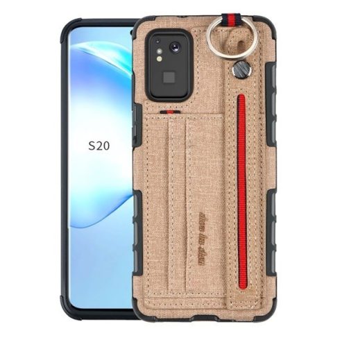 Samsung Galaxy S20 Plus / S20 Plus 5G SM-G985 / G986, Szilikon tok, közepesen ütésálló, stand, textil hátlap, felakasztható, kézpánttal, világosbarna