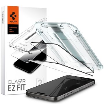   Apple iPhone 15 Pro Max, Kijelzővédő fólia, ütésálló fólia (az íves részre is!), Tempered Glass (edzett üveg), Spigen Ez Fit, fekete, 2 db / csomag