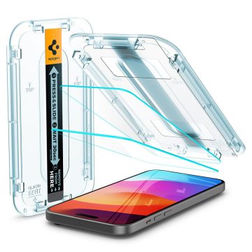   Apple iPhone 15 / 16, Kijelzővédő fólia, ütésálló fólia (az íves részre is!), Tempered Glass (edzett üveg), Spigen Ez Fit, Clear, 2 db / csomag