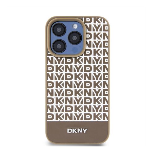 DKNY PU Leather Repeat Pattern Bottom Stripe Apple iPhone 15 Pro Max Magsafe kompatibilis hátlap tok, barna