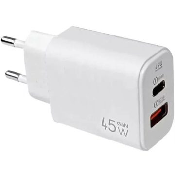   Hálózati töltő adapter, 45W, USB aljzat, USB Type-C aljzat, gyorstöltés, PD, QC, GaN, fehér