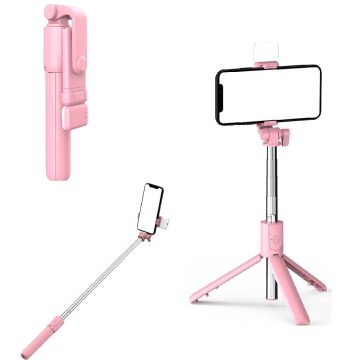   Prémium selfie bot, 19 - 70 cm, 360°-ban forgatható, exponáló gombbal, bluetooth-os, v4.0, tripod állvány funkció, világítással, R1S, rózsaszín