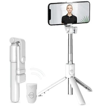   Prémium selfie bot, 19 - 70 cm, 360°-ban forgatható, exponáló gombbal, bluetooth-os, v4.0, tripod állvány funkció, világítással, R1S, fehér