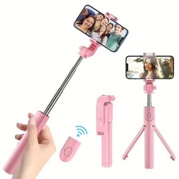   Prémium selfie bot, 19 - 70 cm, 360°-ban forgatható, exponáló gombbal, bluetooth-os, v4.0, tripod állvány funkció, R1, rózsaszín