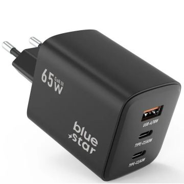   Hálózati töltő adapter, 65W, USB aljzat, 2 x USB Type-C aljzat, gyorstöltés, PD, QC 4.0, GaN, Blue Star VT-43, fekete