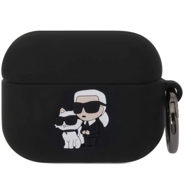   Bluetooth fülhallgató töltőtok tartó, szilikon, karabiner, napszemüveges lány és cica minta, Apple AirPods Pro kompatibilis, Karl Lagerfeld 3D Logo NFT Choupette, fekete